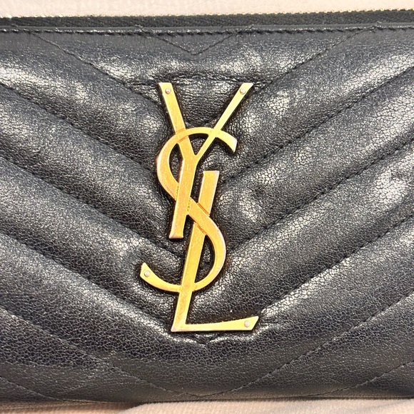 Saint Laurent YSL Chevron Quilted Black Grain de Poudre Leather Long Zip Wallet - Picture 2 of 14